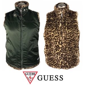GUESS Reversible Zip Front Vest, Leopard Faux Fur/Army Green Nylon, M, Like New!